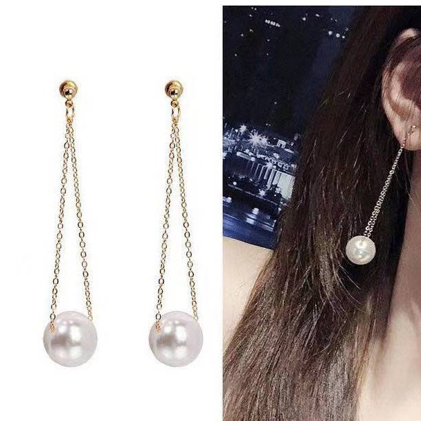 (ROWLING) Anting Panjang Mutiara Besar/Fashion Wanita Pearl Stud Earrings