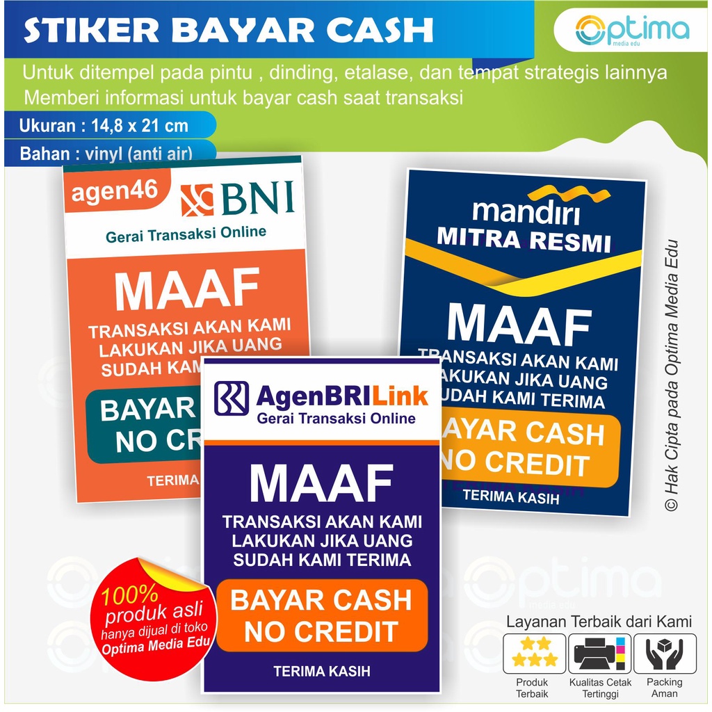 

STIKER BAYAR CASH UNTUK AGEN RESMI BNI, BRILINK, MANDIRI, DLL