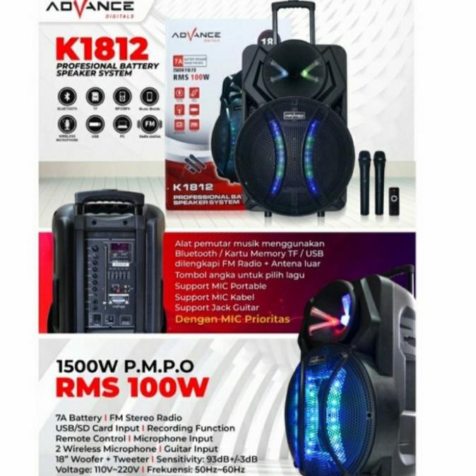 Speaker Aktif Portable Wireless 18 Inch Advance K 1812 Original Ppr8Cfio3N