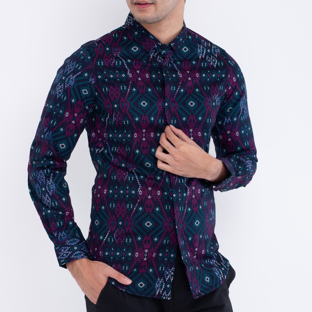 615 Kemeja Pria Lengan Panjang Batik Ungu Salju Slimfit Distro Grosir