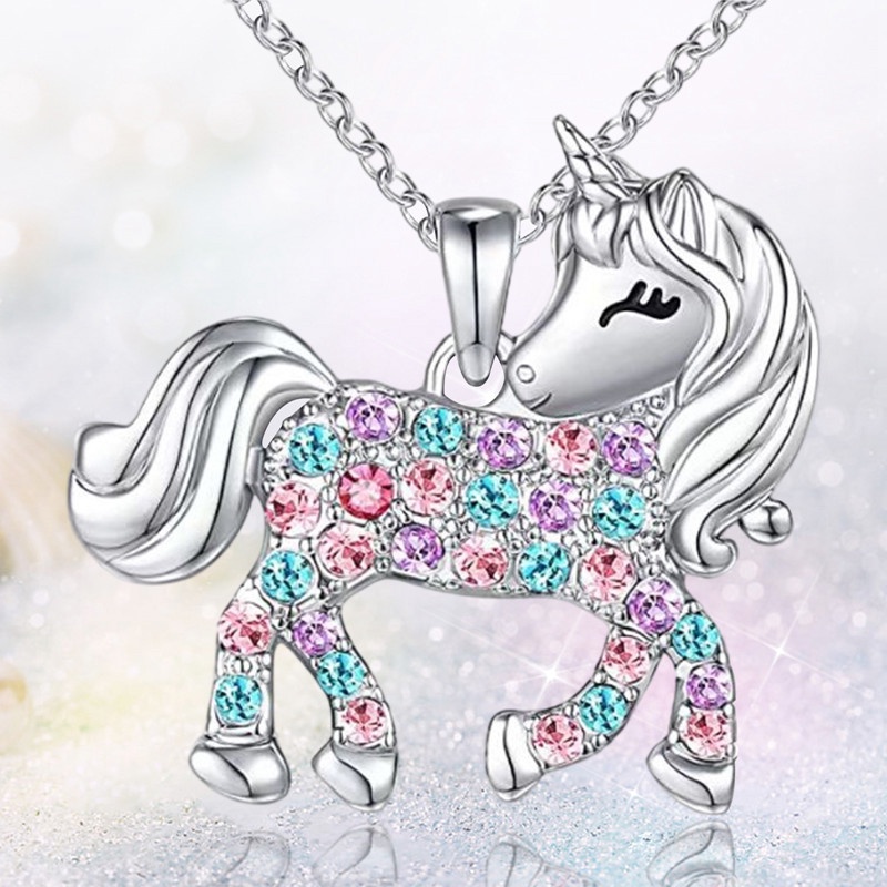 Kalung Liontin Unicorn Aksen Berlian Imitasi Gaya Korea Untuk Wanita