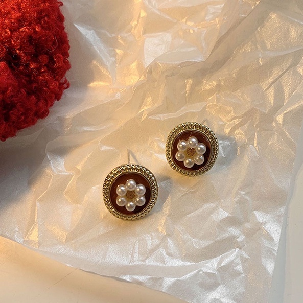 Anting Vintage Untuk Wanita Hong Kong Gaya Temperamental Mutiara Stud Earrings2023New Gaya Trendi Ceruk Rasa Tinggi Anting Merah