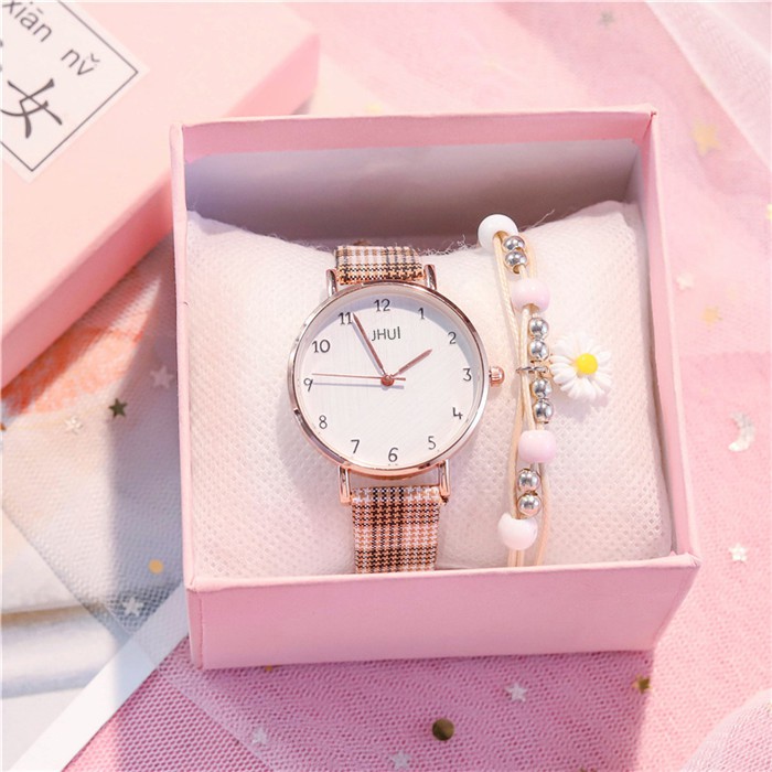 Jam Tangan Analog Wanita Quartz Strap Pu Leather Motif Kotak-Kotak Fashion Wanita Korean Watch-40-8 Abu-Abu
