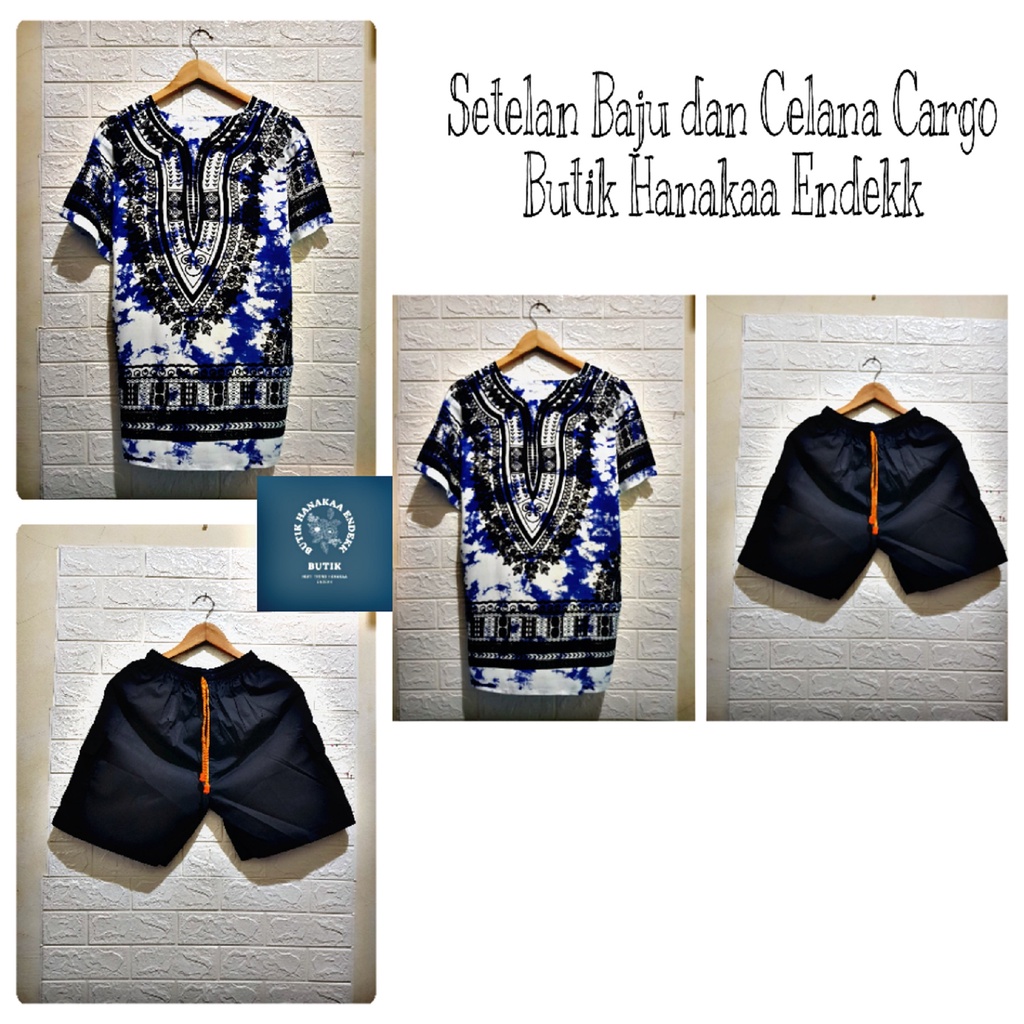 Set/Setelan Baju dan Celana Cargo Etnik Dashiki Bercak Pria/Wanita (Unisex)