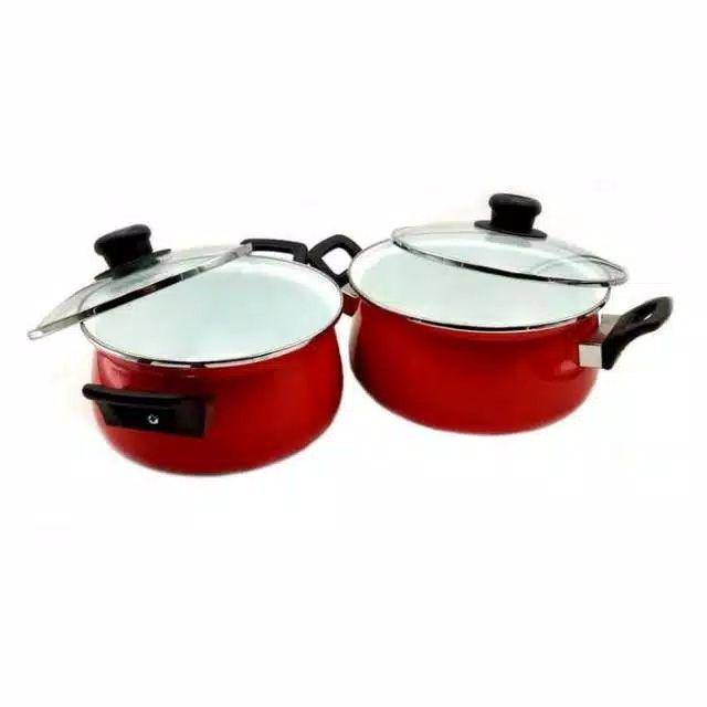 Panci Enamel Carmelia Set 18+20 Cm Tutup Kaca