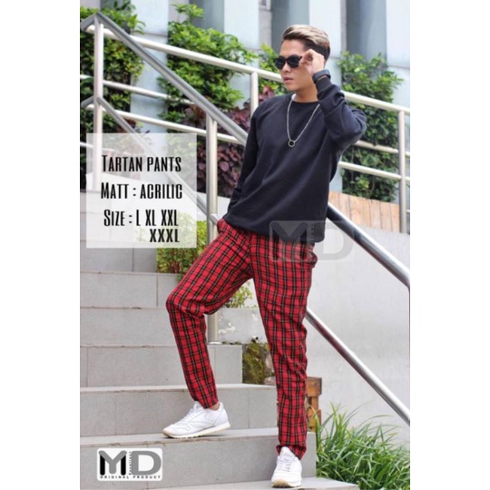 Tartan Pants Pria Celana Kotak Cowok Flanel Jumbo L XXXL Merah