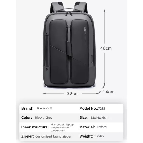 BANGE BG-7238 - Men's Waterproof Anti-Theft Laptop Backpack - Ransel Pria Trendy Modis Casual Anti Air dari BANGE