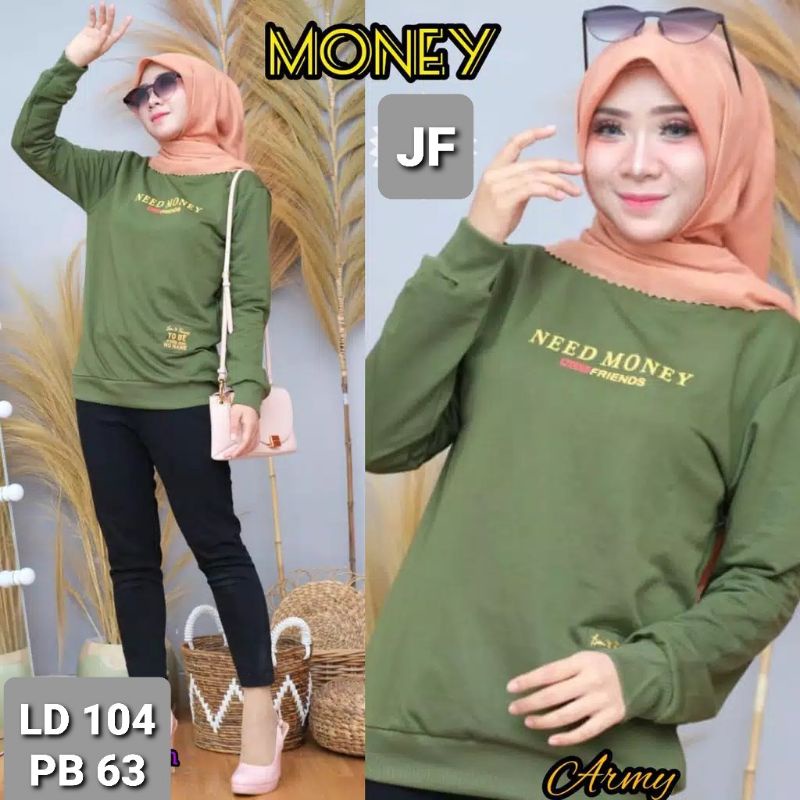 JF Atasan Kaos Lengan Panjang Wanita /  Sweater Babyterry Wanita Muslimah Terbaru MONEY