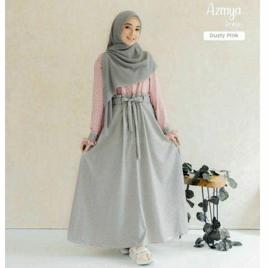 AZMYA DRESS JILBRAVE | Gamis Motif Atasan Bunga Minimalis dan Rok Menyatu Bahan Katun Madinah