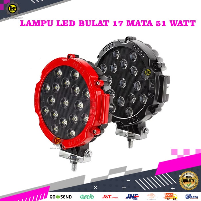 Lampu Led Tembak Sorot Kabut Depan Bulat Variasi Mobil Jeep Touring Offroad 17 Mata 51 Watt