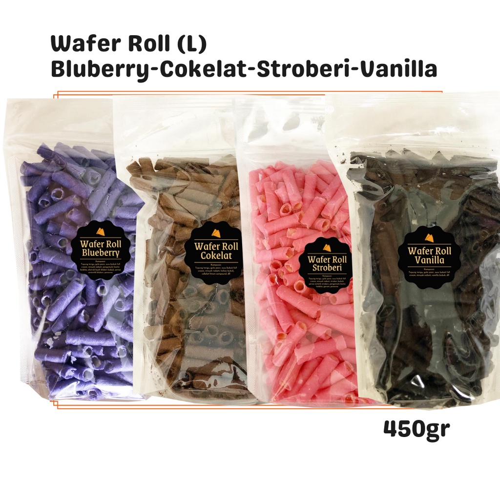 

SNACKS Wafer Roll Cokelat / Stroberi / Vanilla / Blueberry / Pandan / Susu (L) 450gr / Snack Cemilan Manis