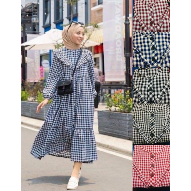 midi dress kotak katun Humaria/midi dress menyusui/dress kotak katun adem/ midi dress jumbo/midi dre