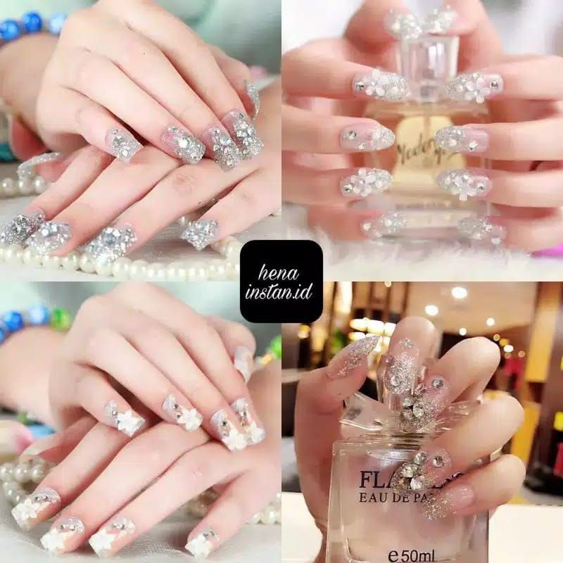 Wedding party fake nail Clear Rhinetone Flower Kuku Palsu 3D + LEM dibalik kuku