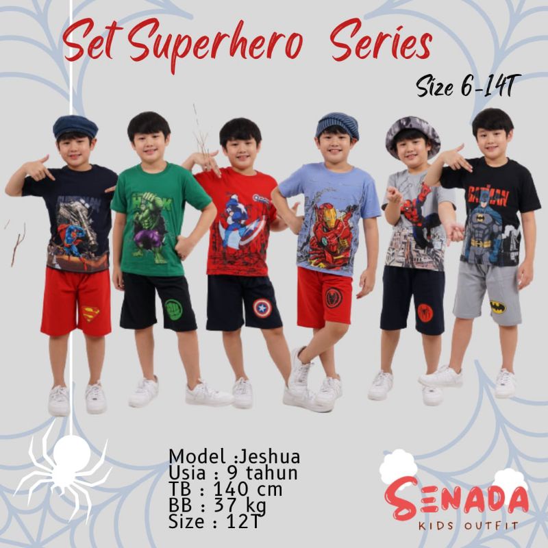 (4-12 Tahun) Setelan Kaos Anak Laki-Laki Premium |  Set Superhero Spiderman Aironman Batman Captain 