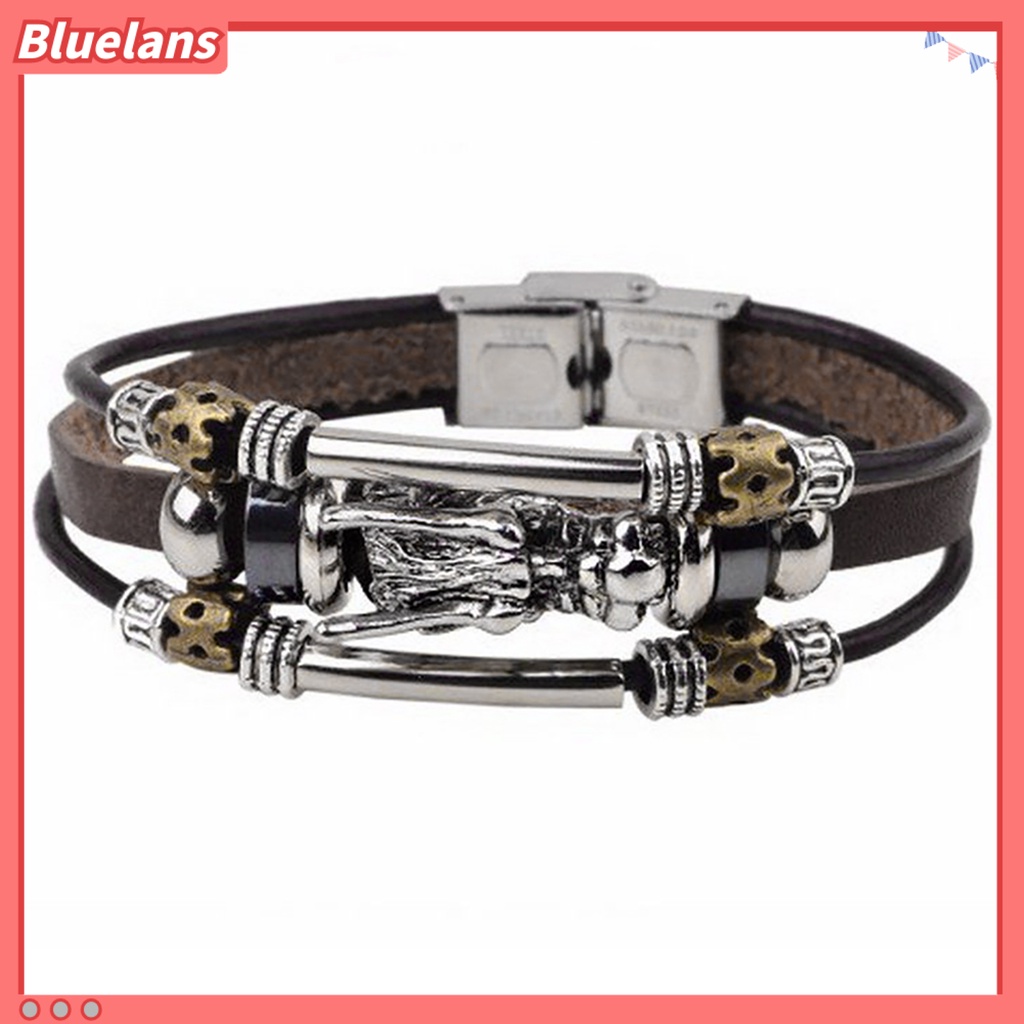 Bluelans Men Vintage Punk Faux Leather Bracelet Dragon Head Charm Multilayer Bangle