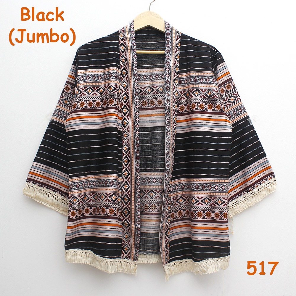 𝑱𝒂𝒌𝒂𝒓𝒕𝒂𝑭𝒂𝒔𝒉𝒊𝒐𝒏 cardigan outer batik tribal katun adem rumbai sisir keliling bohemian etnik boho styleO-517 Black (JUMBO)