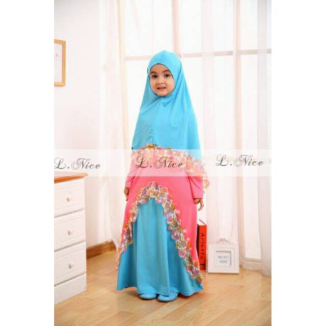Gamis Syari Muslimah Anak L-NICE 59 Pink Blue Brokat Kecil