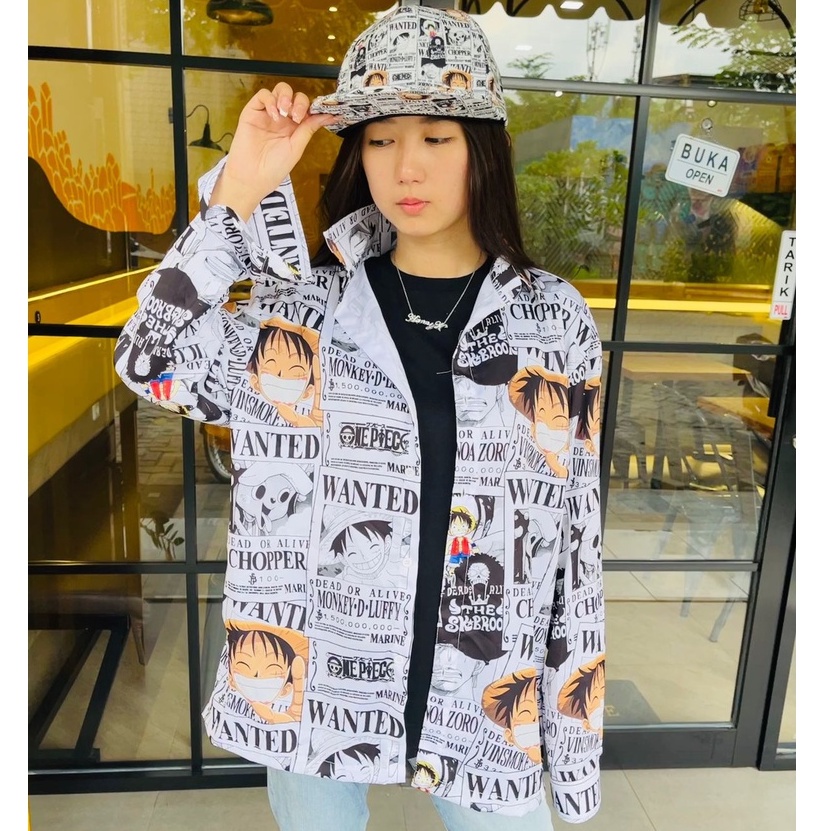 Kemeja Lengan Panjang Luffy Wanted White Anime Manga One Piece Premium Unisex