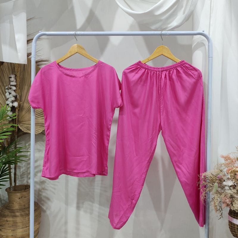 BAJU TIDUR POLOS PIYAMA POLOS CELANA PANJANG LENGAN PENDEK BAHAN RAYON babbydoll-POLOS PEACH TUA