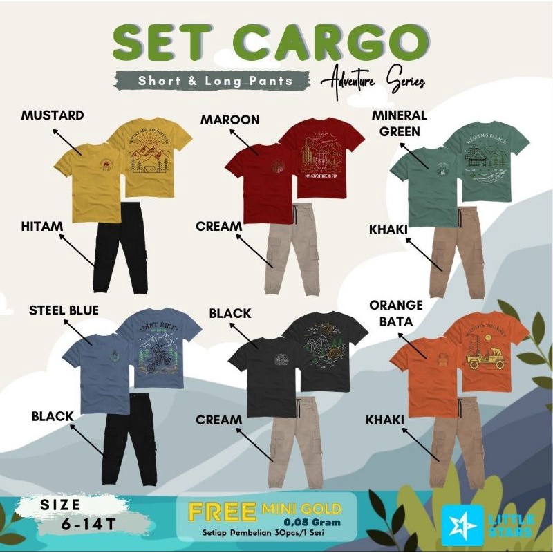 SET CARGO LONG & SHORT PANTS  BY LITTLE STARS Setelan Kaos Anak Laki-Laki Size 6 sd 14Th