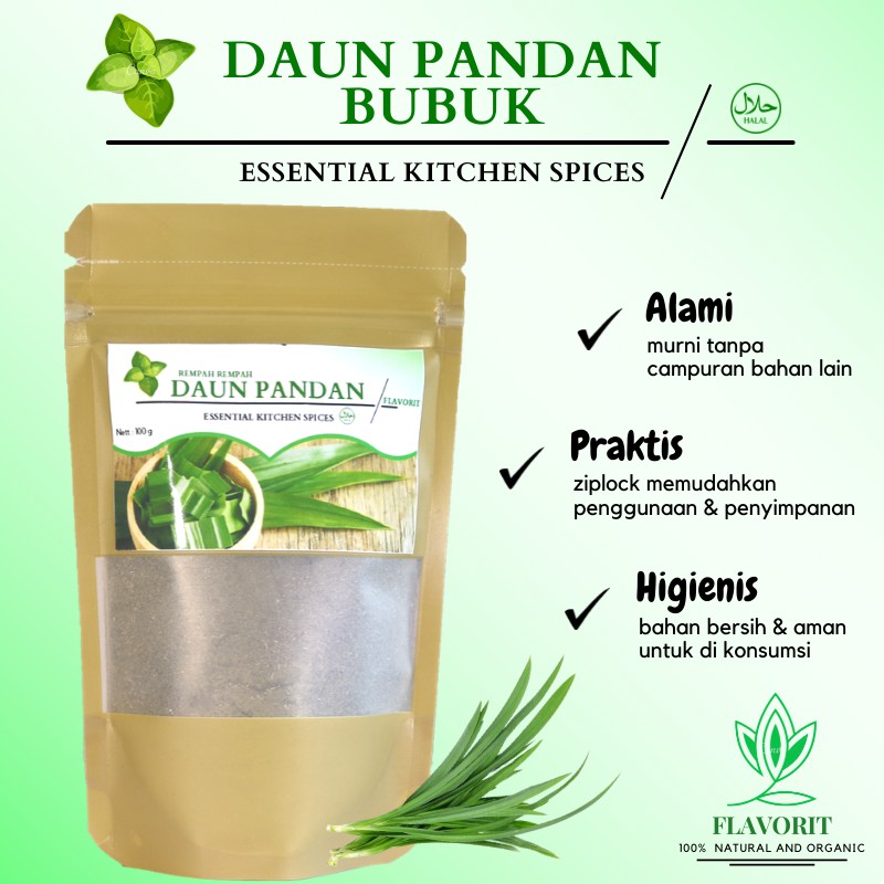 Bubuk Daun Pandan Wangi Powder Bahan Makanan Pokok Rempah Bumbu Dapur Kering Organik Herbal Murni