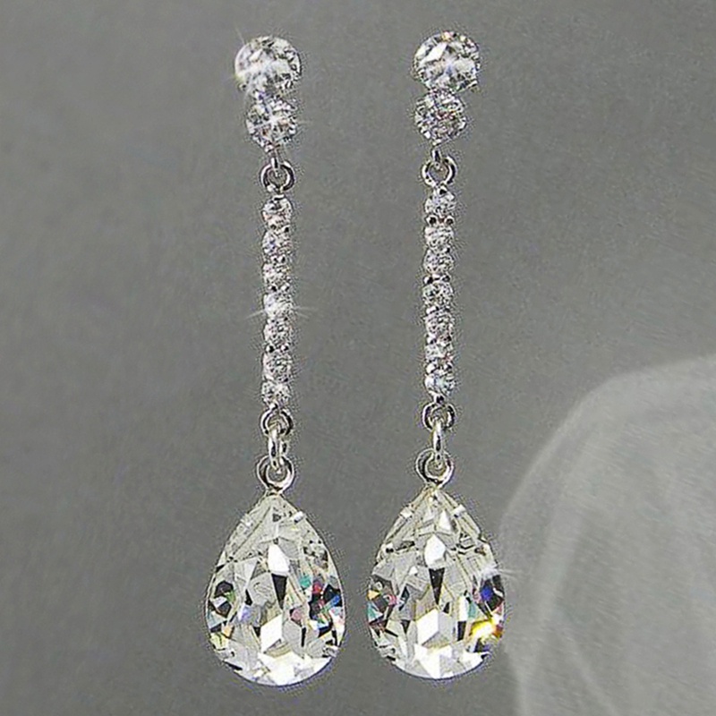 Anting Juntai Bentuk Water Drop Cubic Zirconia Kristal Warna Silver Untuk Wanita