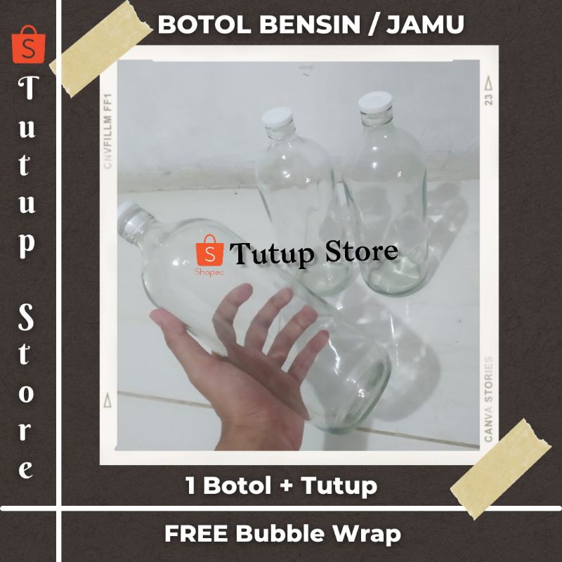Botol Bensin Ukuran 1 Liter+Tutup | Botol bolles |Botol Untuk Jamu satu Liter| Botol Kaca 1L Liter