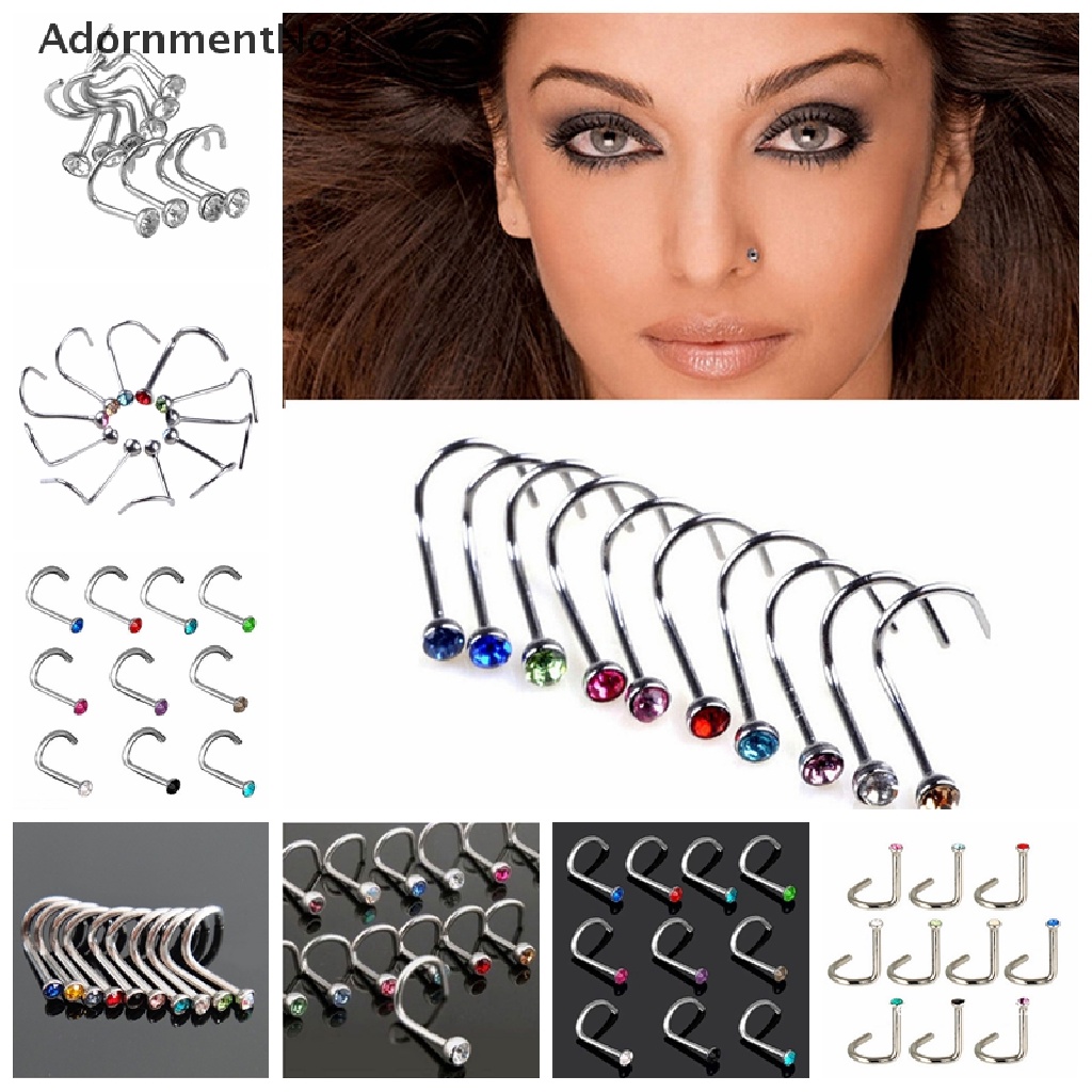 (AdornmentNo1) 10pcs / Set Cincin Tindik Hidung / Tubuh Bahan Stainless Steel Hias Kristal Untuk Wanita