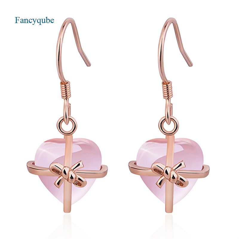 Fancyqube Fancycube Perhiasan Anting Gantung S925 Sterling Silver 100% Batu Kuarsa Alami Bentuk Hati Warna Pink Mawar