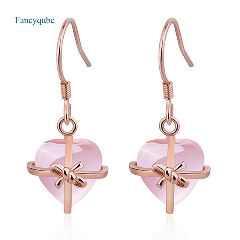 Fancyqube Fancycube Perhiasan Anting Gantung S925 Sterling Silver 100% Batu Kuarsa Alami Bentuk Hati Warna Pink Mawar