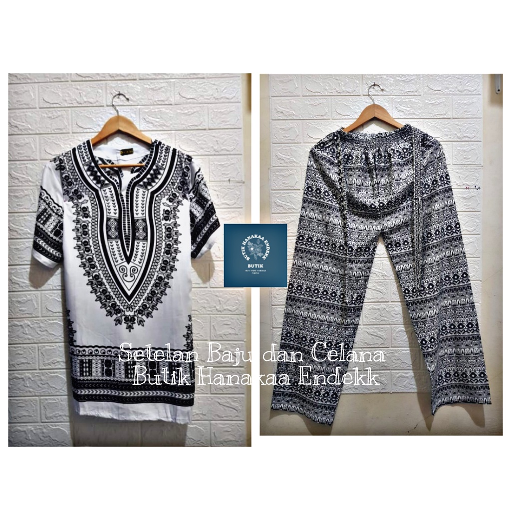 Set/Setelan Baju dan Celana Etnik Dashiki Putih Polos Pria/Wanita (Unisex)