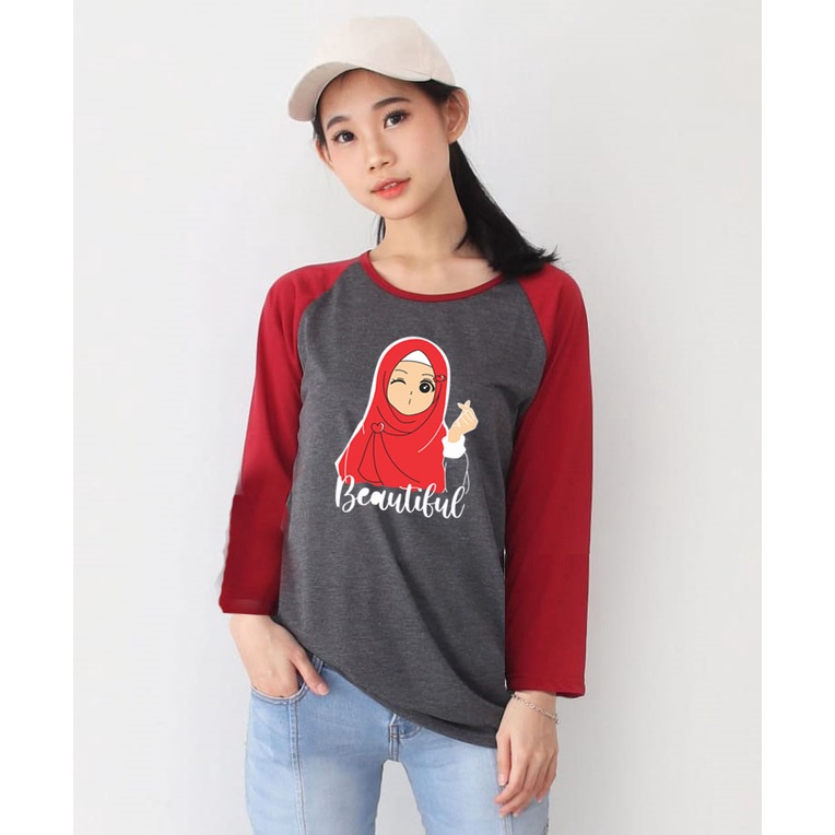 Kaos Raglan Abu Tua Lengan Panjang Gambar Cewek Hijab