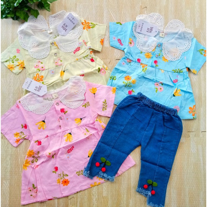 Setelan anak perempuan atasan jins cherry import 1-5 tahun/ Baju Setelan kemeja Setelan Jeans anak cewek tanggung 1 2 3 4 5 tahun