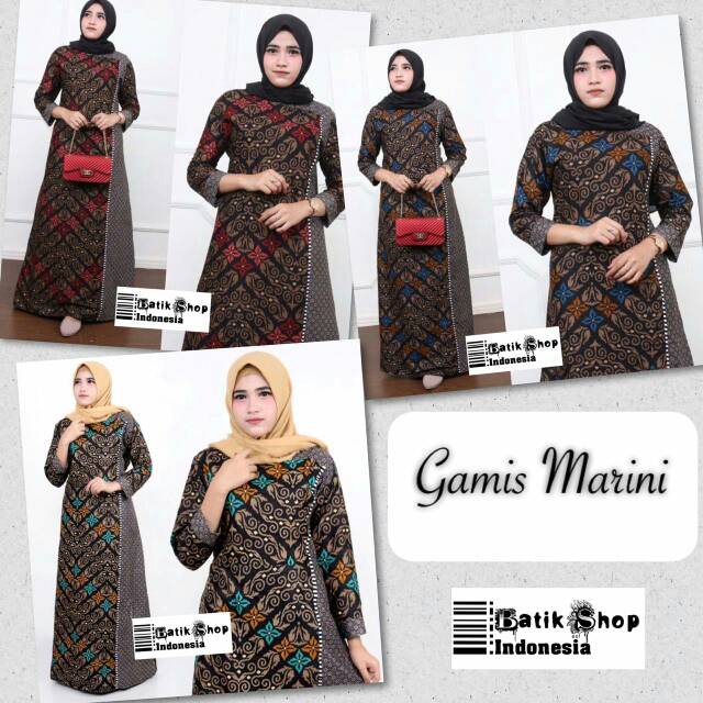 Gamis Marini Batik Sogan Modern Baju Muslim Kondangan Kerja Kantoran Casual Warna Long Dress Bunga Zigzag Motif Klasik lawasan Kekinian Kombinasi