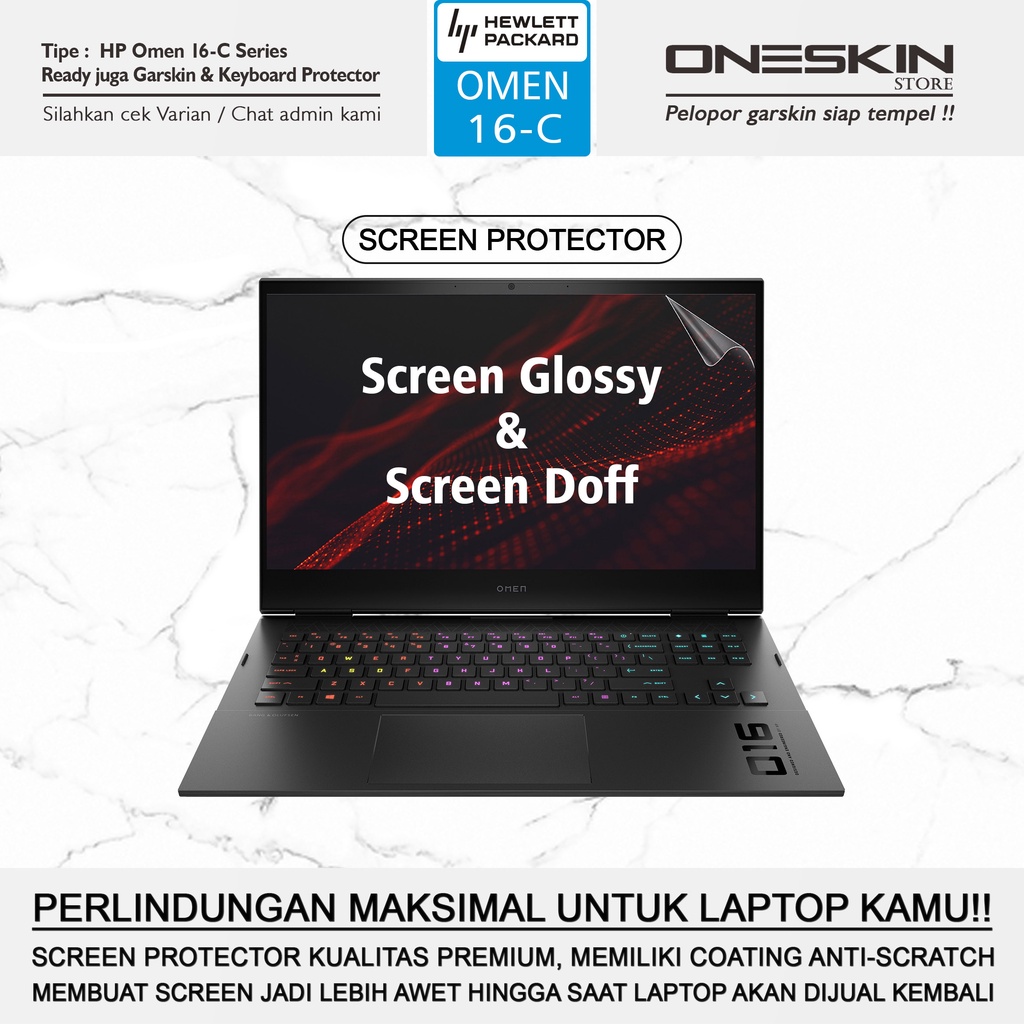 Garskin Stiker Laptop Pelindung Keyboard Screen Protector HP Omen 16-c c0093ax c0099ax Gambar Full Body Silikon Bening Glossy Doff