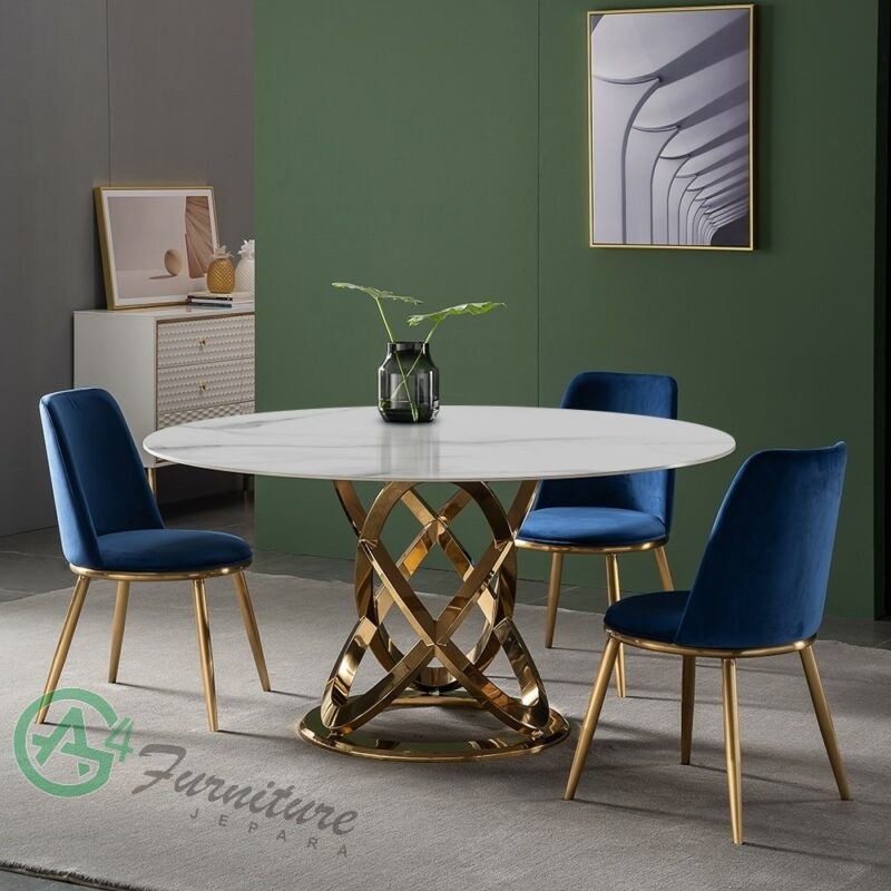 Meja Makan Bulat Marmer Kaki Stainless 4 Kursi
