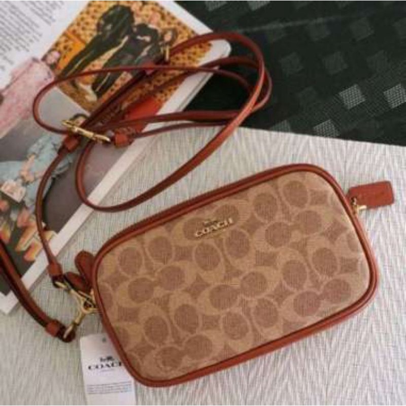 Tas COACH Sadie Crossbody Clutch In Colorblock Signature Canvas - Tan Rust