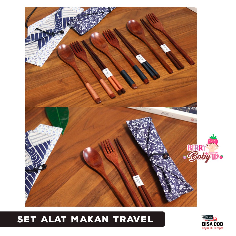 Berry Mart Travel Set 3-in-1 Sendok Garpu Sumpit Style Jepang Bamboo Free Pouch Berry Mart