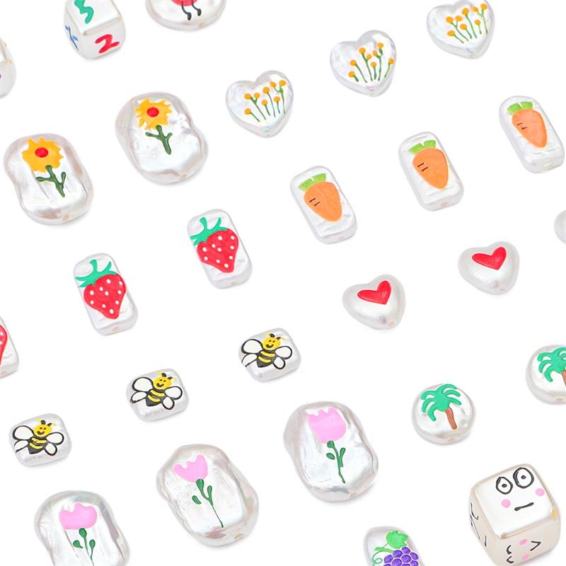 Abs Manik-Manik Mutiara Lukisan Dicetak Bunga Hati Lebah Strawberry Pattern Beads Untuk Kalung Gelang Anting Perhiasan Craft Membuat Aksesoris