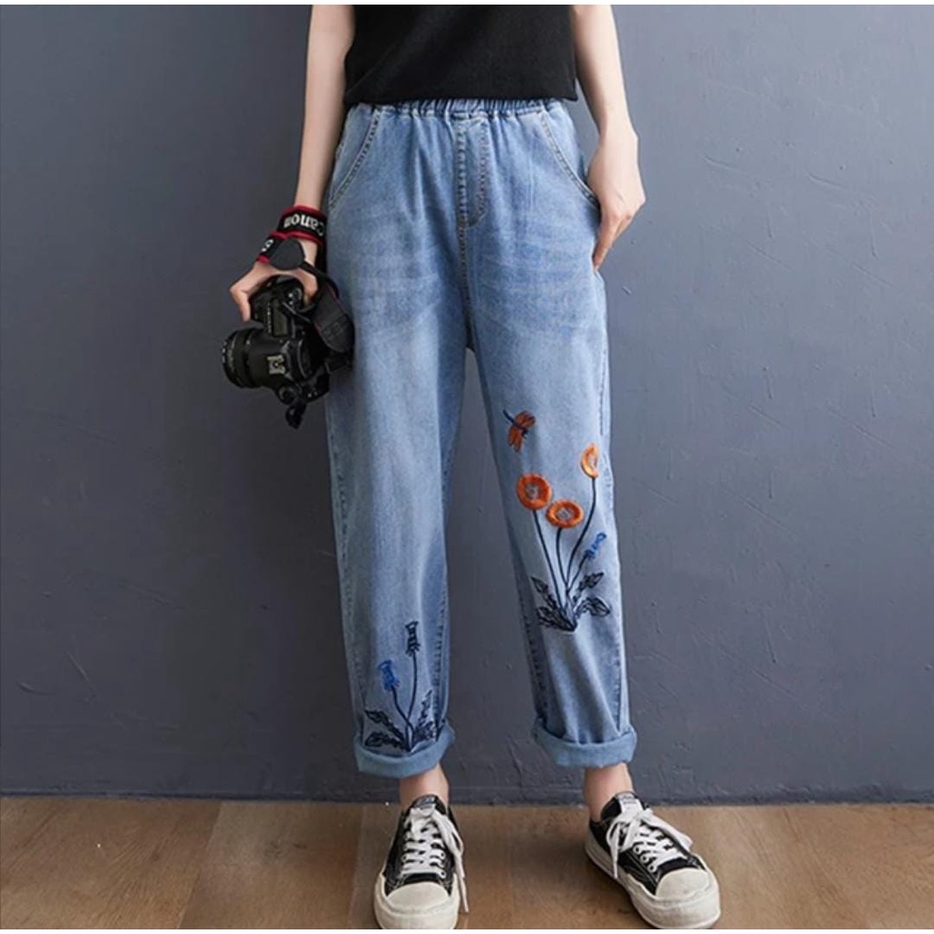 BAGGY JEANS BORDIR KOREAN STYLE KARET MUTER ALL MODEL (BEST SELLER) - KADIN PANTS