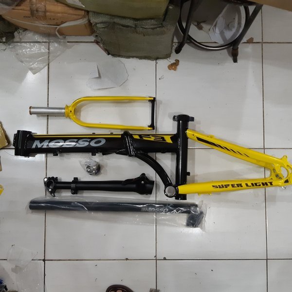 frame sepeda lipat mosso F3 disc brake ukuran 16 lengkap siap rakit ringan BLACK YELLOW folding bike
