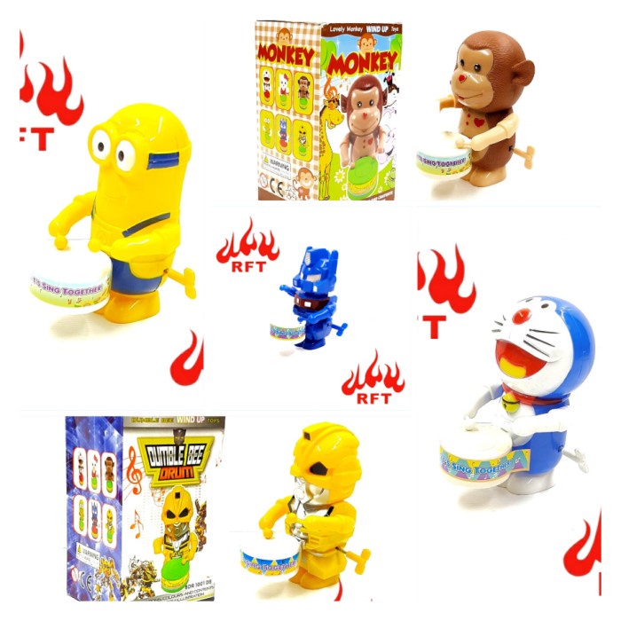 Mainan Tambur Cartoon Drum Band Putar Wind-Up Doraemon Monyet Minion