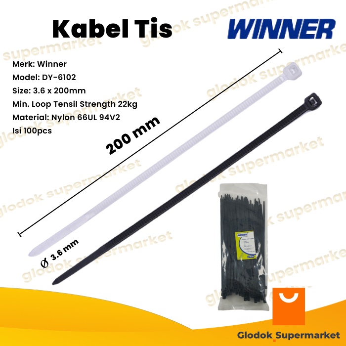 Kabel Ties Winner DY6102 Nylon Cable Tie 3.6 x 200mm Tis 100pcs