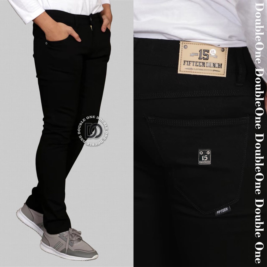 DOUBLE ONE Celana Jeans Panjang Pria Semi Slim Fit New Denim Stretch Hitam