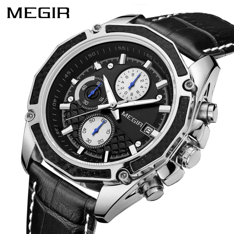 MEGIR 2015 Jam Tangan Pria Analog Chronograph Tanggal Aktif Tali Kulit WATCHKITE WKOS