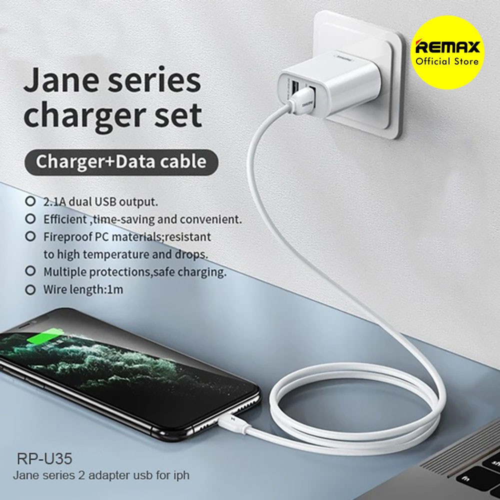 REMAX Jane Desktop Charger Adaptor 2 Port USB with Lightning Cable RP-U35