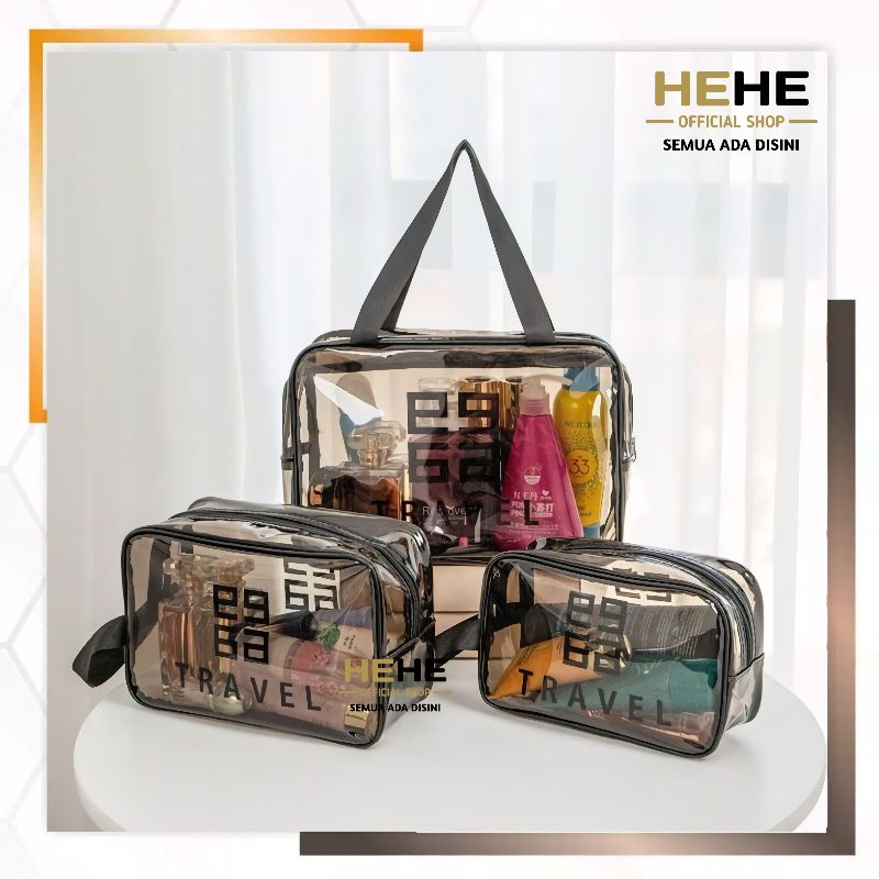 Tas Kosmetik Travel Transparan / Pouch Kosmetik / Tas Make up Pouch Transparan Wash Bag Bening Berku