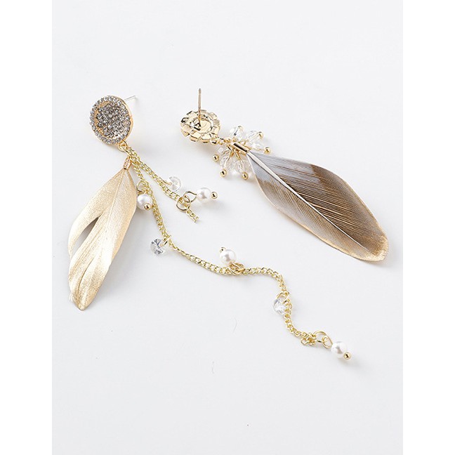 LRC Anting Tusuk Fashion 925 Silver Needle Feather Rhinestone Chain Tassel Earrings D20787