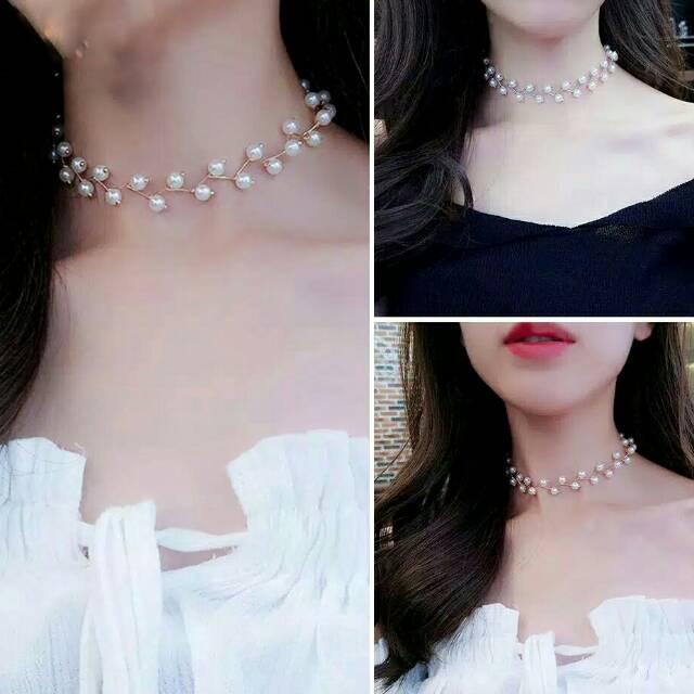 Kalung choker mutiara 2 layer gold