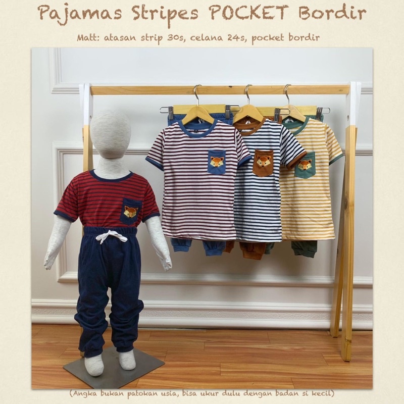 Setelan Anak Pajamas Stripes Pocket Bordir Unisex 2-10 Tahun Original Pneapple Kids Kaos Super Premium Pakaian Anak Terlaris Termurah Best Seller